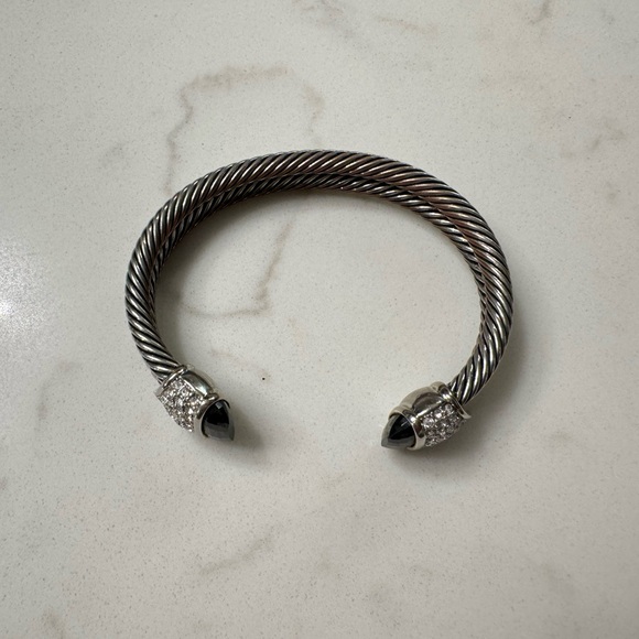 Cable Cuff Bracelet with Black Crystals and CZ, Silver Tone Adjustable Open Cuff - Picture 7 of 16